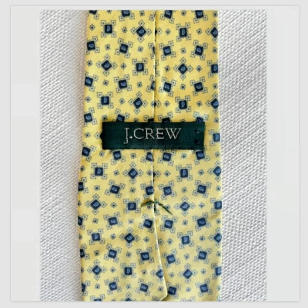 J. Crew 100% Silk Handmade Necktie Yellow Blue Geometric USA Formal Business